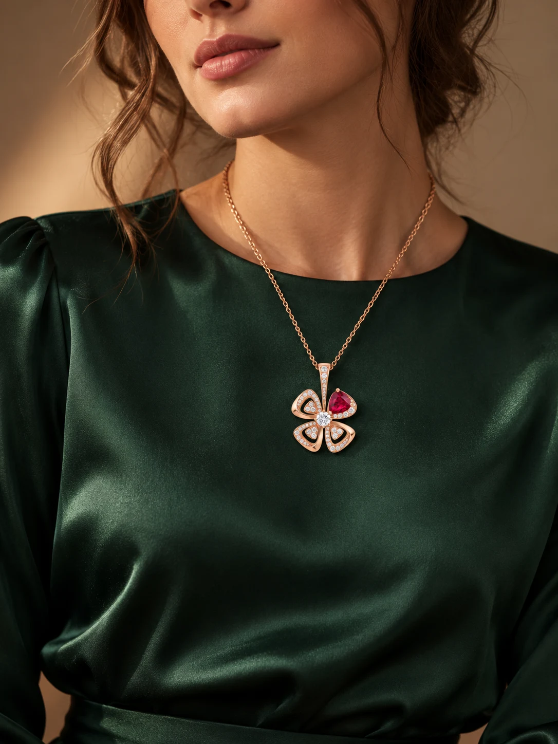 The Pétale pendant worn with deep green silk