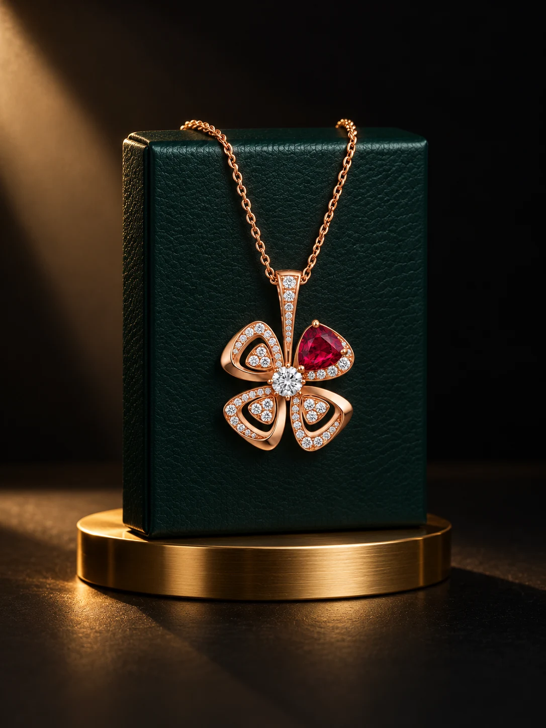 The Pétale pendant on a deep green presentation box